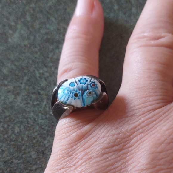 Jewelry - Sterling Silver(925) Blue and White Millefiori Glass Ring Size 6